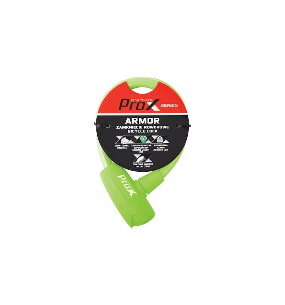 Zamknięcie rowerowe ProX Armor pętla 12x600 mm zielone silikon, 2 kluczyki | 2rowery.pl